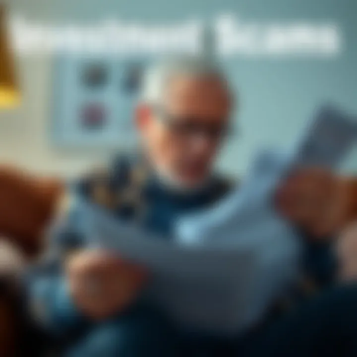 A worried elderly person looking at financial documents while on the phone, indicating concern about investment scams.