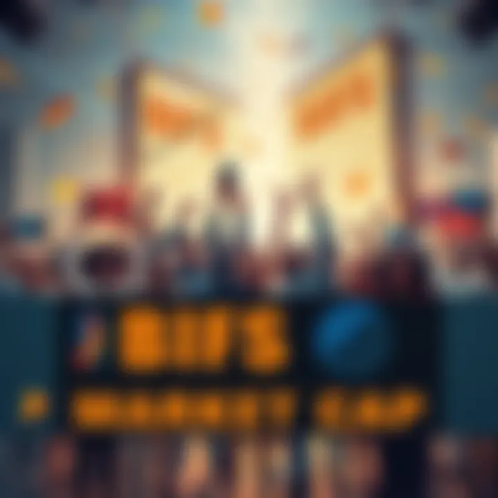 Group of diverse people celebrating the rise of BFS market cap, holding banners and digital devices with financial graphs, with a vibrant atmosphere of excitement.