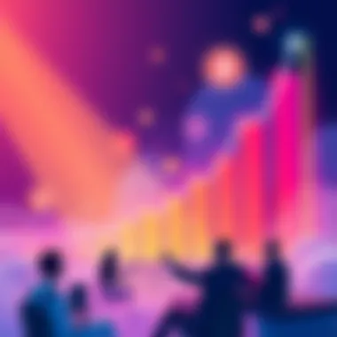A digital illustration showing rising bid token values on a graph, with excited investors discussing opportunities.