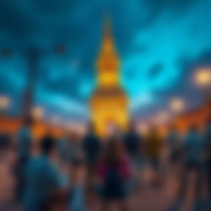 People gather around a famous landmark, discussing bids with excitement and anticipation.