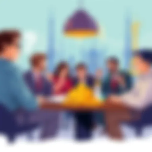 An illustration showing people participating in a bidding process for landmarks, with some looking puzzled and others discussing strategies at a table with bid tokens scattered around.