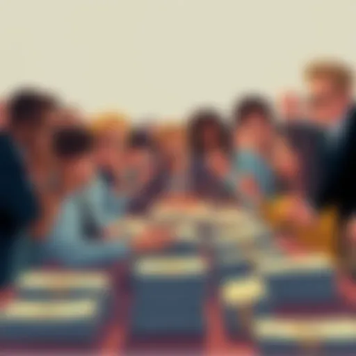 A group of people with mixed expressions, some excited and others worried, gathered around a bidding table with stacks of money, highlighting the disparity in wealth during a bidding event.