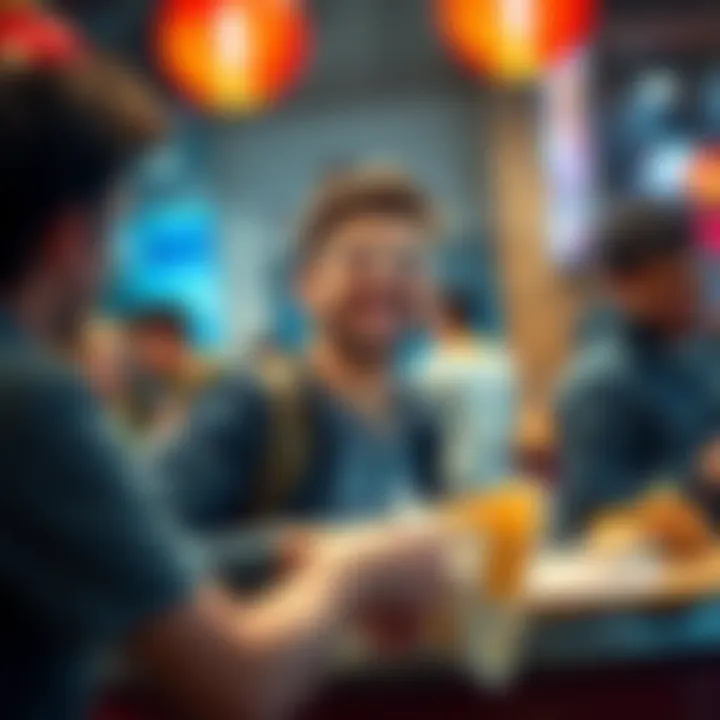 A cheerful big spender happily accepting an order with a smile, surrounded by a joyful atmosphere.