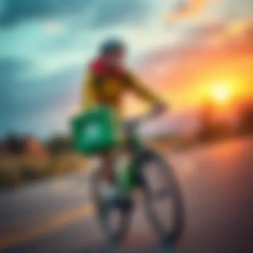 A grad student biking through Flagstaff, AZ, carrying an Uber Eats delivery bag, aiming to earn Bitcoin this summer.