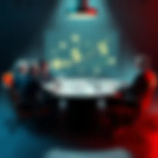 A group of wealthy individuals in suits discussing strategies around a large table filled with charts and money symbols, symbolizing their control over markets and politics.