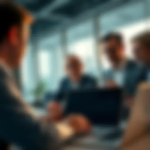 A group of wealthy investors analyzing Bitcoin charts and data on a laptop in a modern office setting.