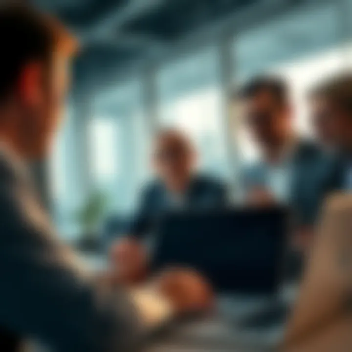 A group of wealthy investors analyzing Bitcoin charts and data on a laptop in a modern office setting.