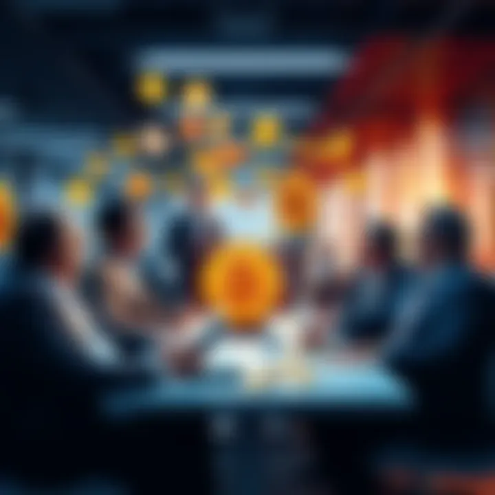 A group of billionaires discussing investments in various cryptocurrencies, including lesser-known options, in a modern office setting.