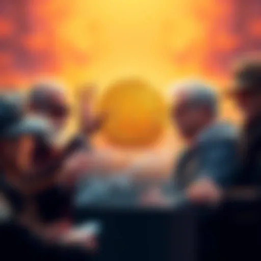 A group of billionaires discussing Bitcoin investments with a graph showing rising prices