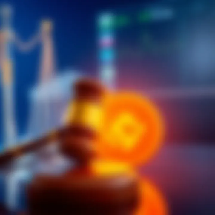 A gavel and a Binance logo representing a civil lawsuit against the cryptocurrency exchange and its CEO CZ.