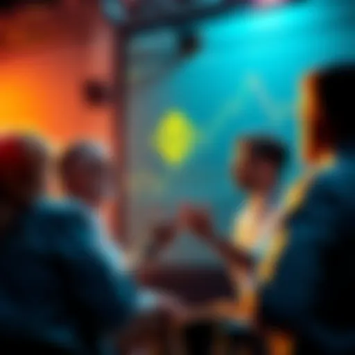 A group of people discussing Binance as an investment option, with charts and money symbols in the background.