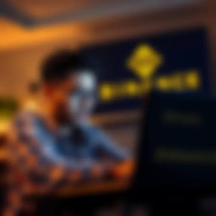 A person looking worried while checking cryptocurrency news on a laptop, with Binance logo on the screen in the background