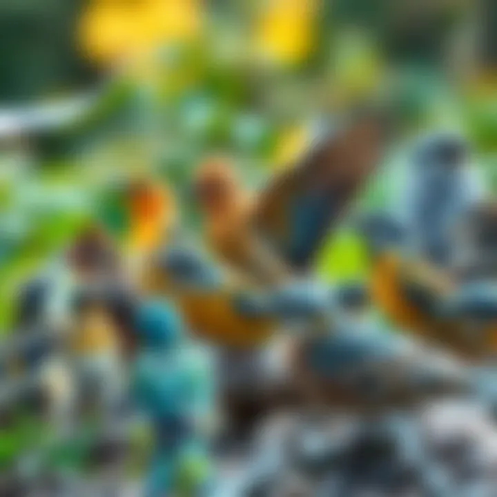 A group of various birds displaying unique behaviors in a natural setting, showcasing their interactions with each other and the environment.