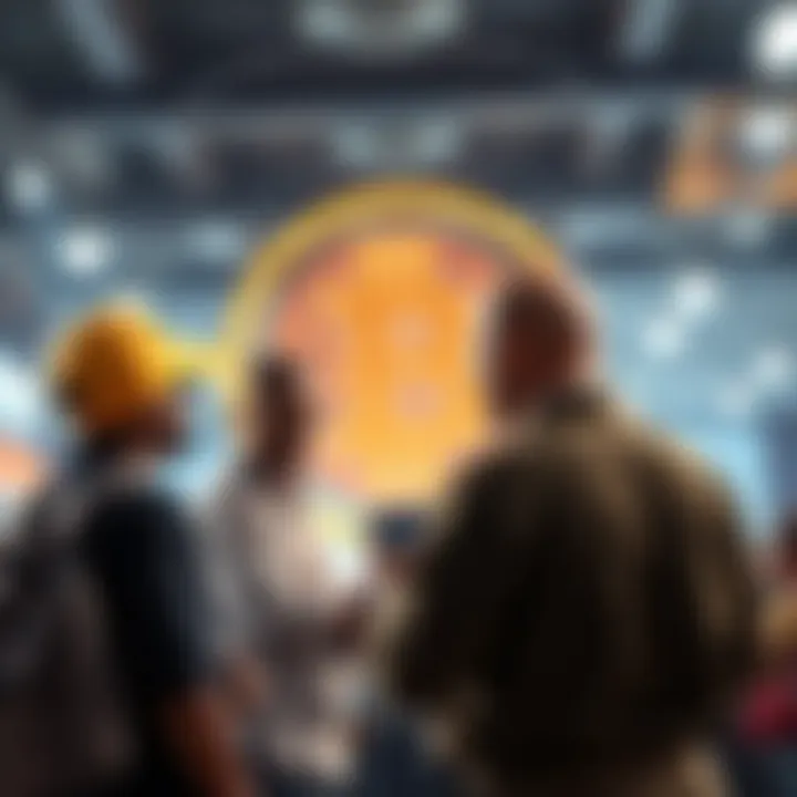 Bitcoin Acceptance in South Africa A group of South African business owners discussing Bitcoin payment options, with a Bitcoin logo in the background.