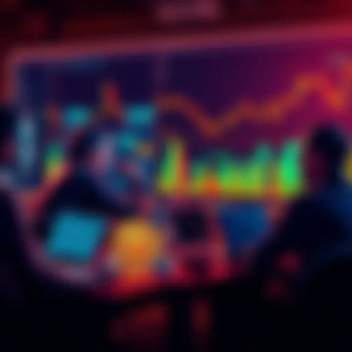 A group of people engaging in a discussion about Bitcoin adoption, with laptops and charts showing Bitcoin trends in the background.