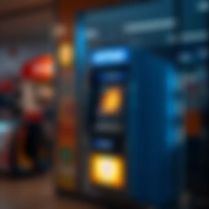 A Bitcoin ATM located in a convenience store in Texas, showing the interface for purchasing Bitcoin.