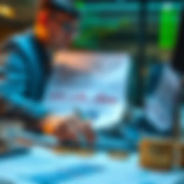 A person analyzing Bitcoin backed loans with charts and graphs on a desk, showing financial decisions and market trends.