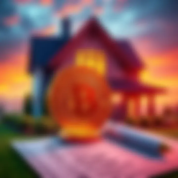A house with Bitcoin symbols and mortgage documents in the foreground, showing the connection between cryptocurrency and home buying.