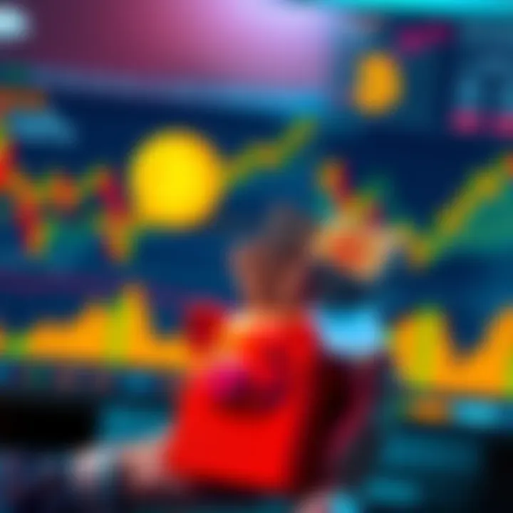 A person analyzing Bitcoin market trends with charts, deciding when to buy during price dips, holding a piggy bank full of cash.