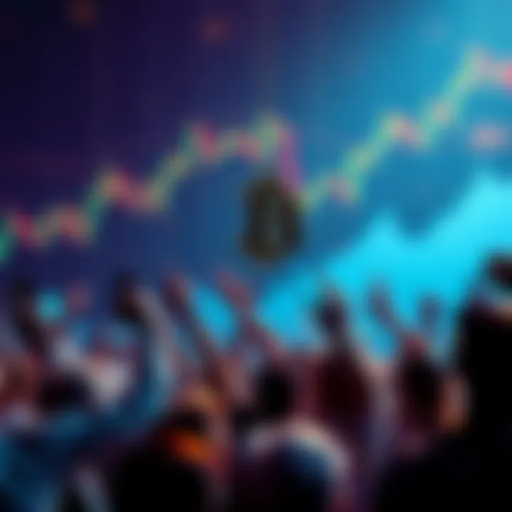 People celebrating Bitcoin's price increase with charts showing market patterns in the background