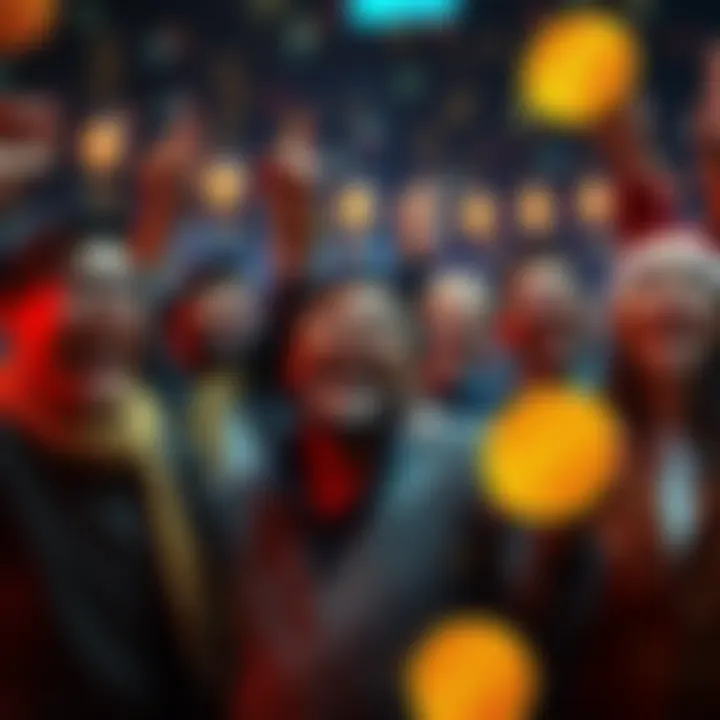 People celebrating a drop in Bitcoin prices with joyful expressions and festive decorations, symbolizing optimism about cryptocurrency's future.