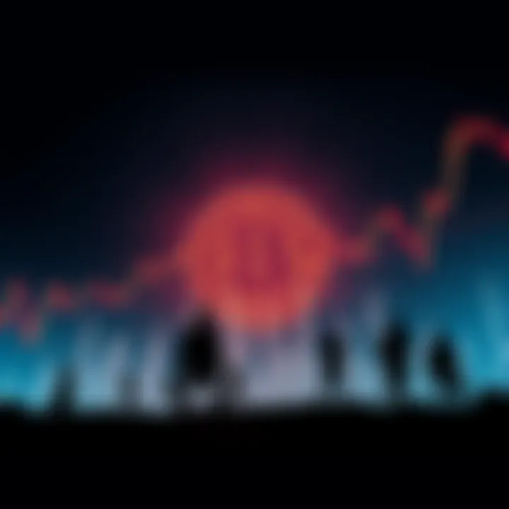 A graph showing Bitcoin's value dropping sharply while shadows of people profit from the decline, symbolizing the benefits of financial turmoil.