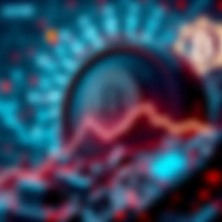 A graphic depicting a downward trend in Bitcoin value, with symbols of tariffs and AI technology in the background.