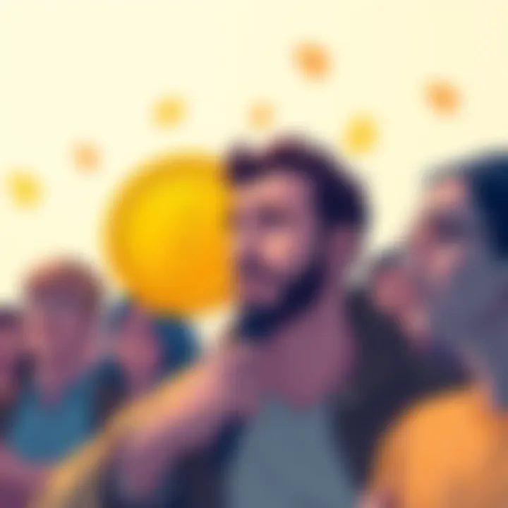 A group of people discussing Bitcoin with mixed reactions, some showing excitement while others display skepticism.