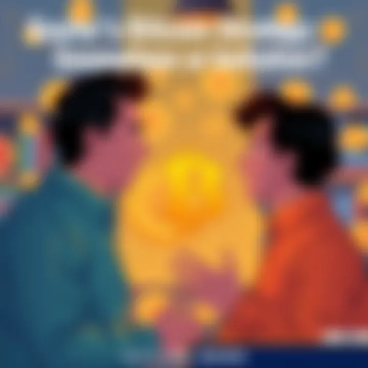 Illustration of two people discussing Bitcoin strategy, with Bitcoin symbols in the background.