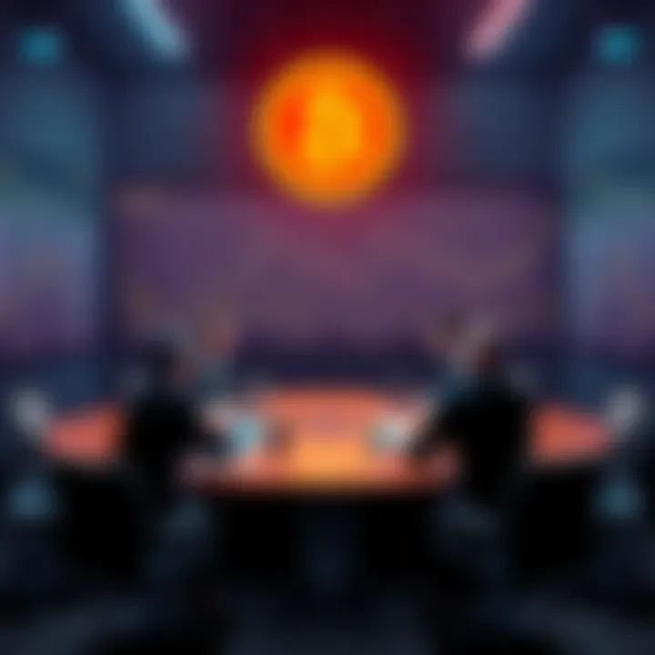 A group of people debating about Bitcoin at a round table, with charts and graphs in the background.