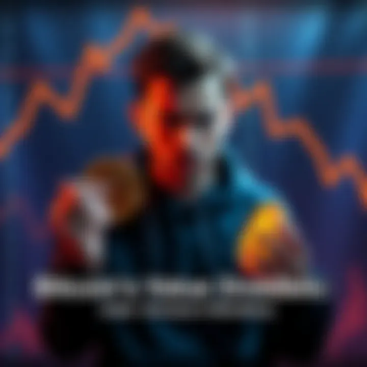 A person looking disappointed while holding a Bitcoin symbol, with a downward graph in the background