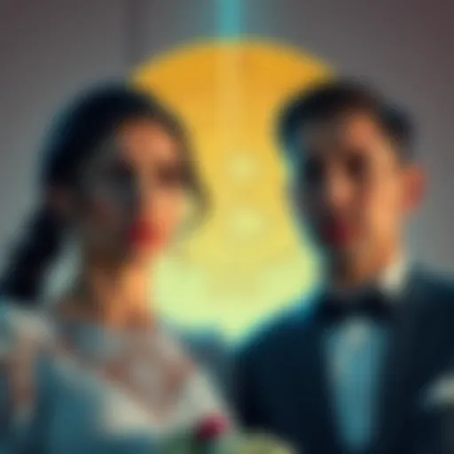 A couple looking worried with a Bitcoin logo in the background, symbolizing financial concerns for their future wedding plans