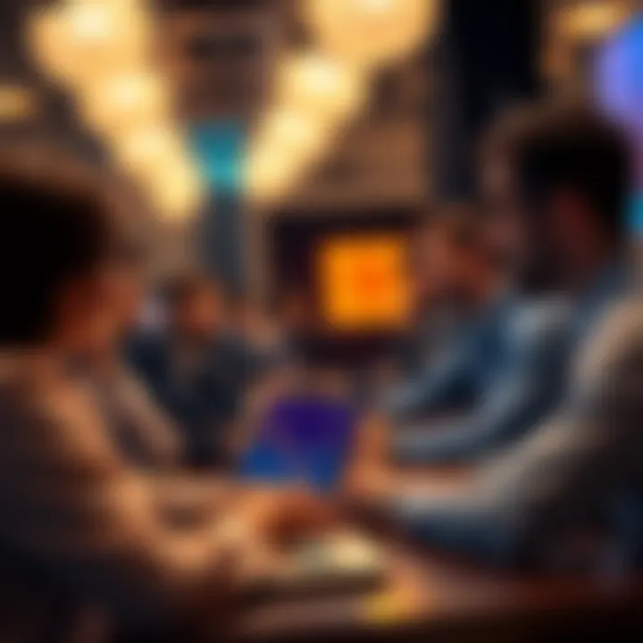 A group of people engaged in a lively discussion about Bitcoin, with charts and graphs visible on laptops.