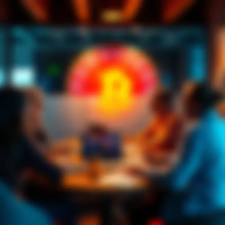 A group of people discussing Bitcoin in a casual setting, with laptops and notes around them.