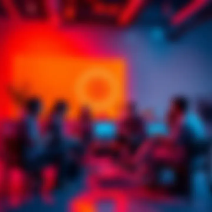 Bitcoin Discussion Group Group of people discussing Bitcoin with charts and laptops in a casual setting