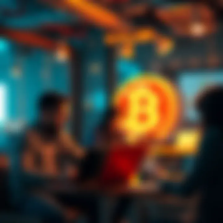 A group of people discussing Bitcoin with laptops and notebooks in a casual setting.