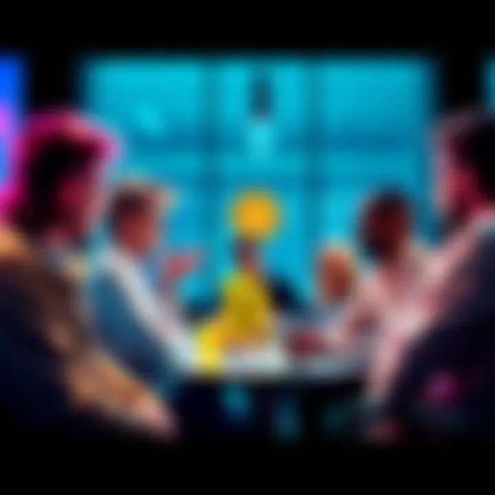 A group of people discussing Bitcoin trends and sharing insights in a modern setting.