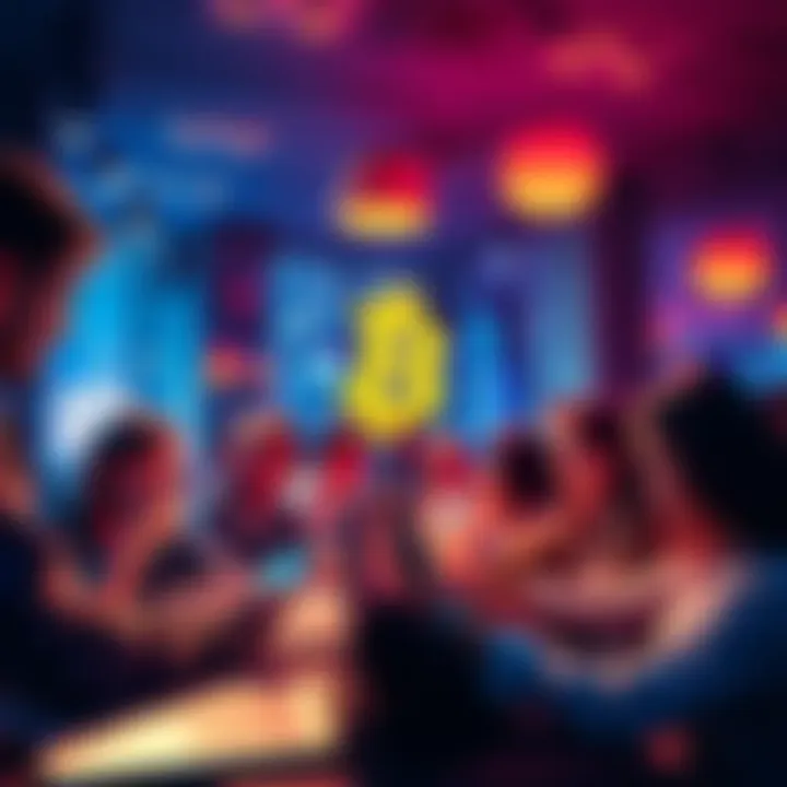 A group of people engaging in a lively discussion about Bitcoin with laptops and phones, showcasing a vibrant online community atmosphere