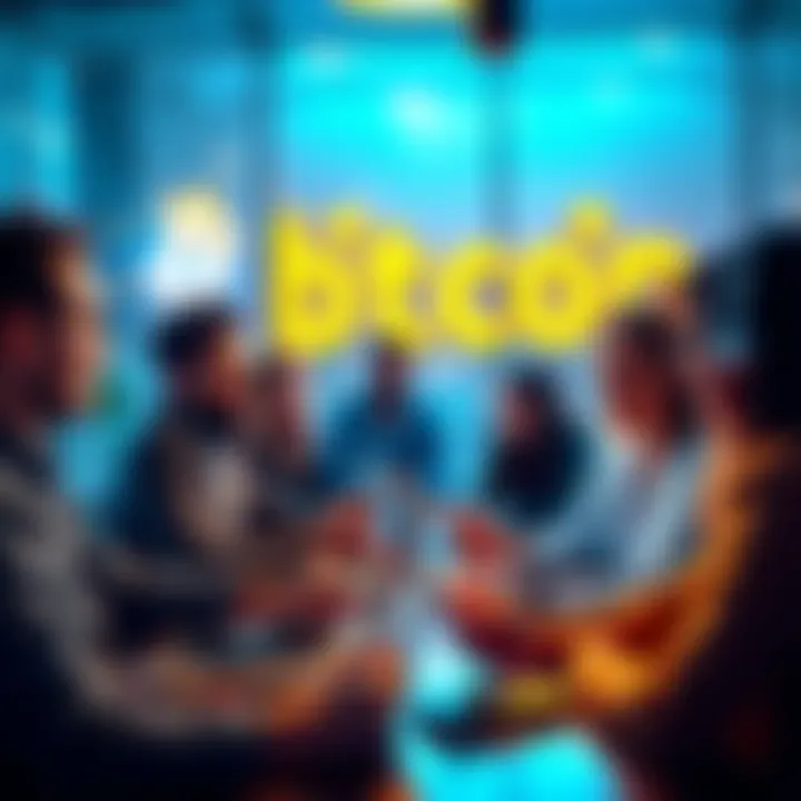 Participants engaging in a lively discussion about Bitcoin with laptops and smartphones.