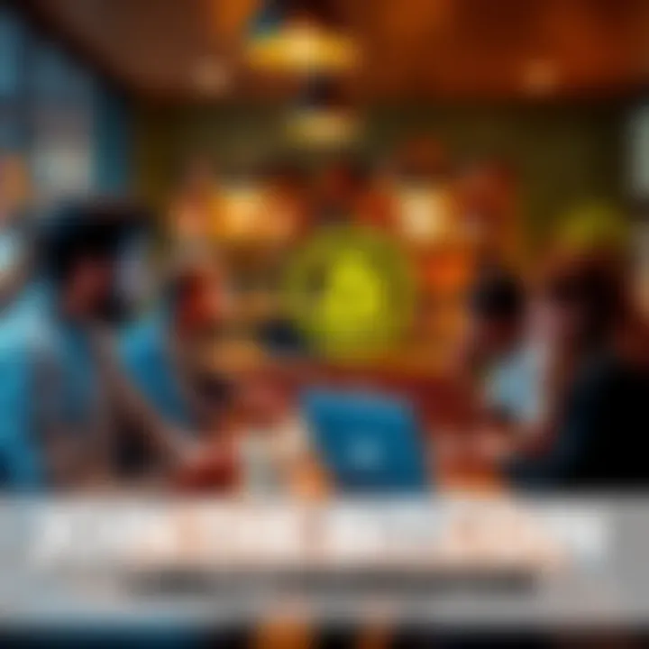 People engaging in a lively conversation about Bitcoin with laptops and coffee in a cozy setting.