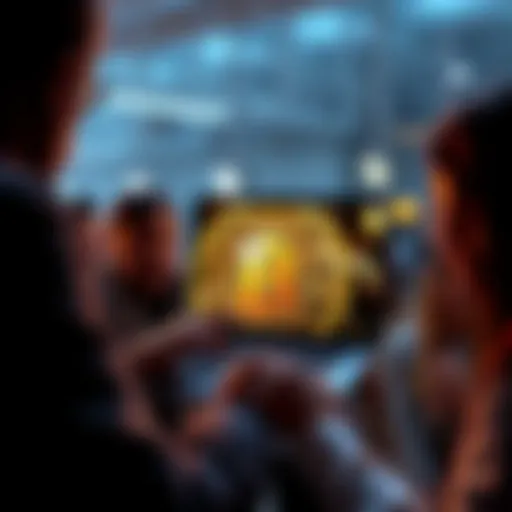 People engaging in a discussion about Bitcoin's qualities as a currency, with a laptop open showing a video on the screen