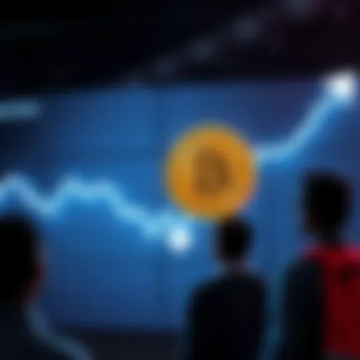 A graph showing Bitcoin's value declining with arrows pointing downwards and worried investors looking on