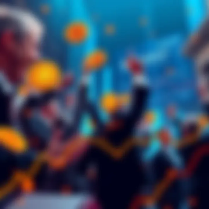 Financial executives celebrate a shift towards Bitcoin investment with charts and graphs in the background.