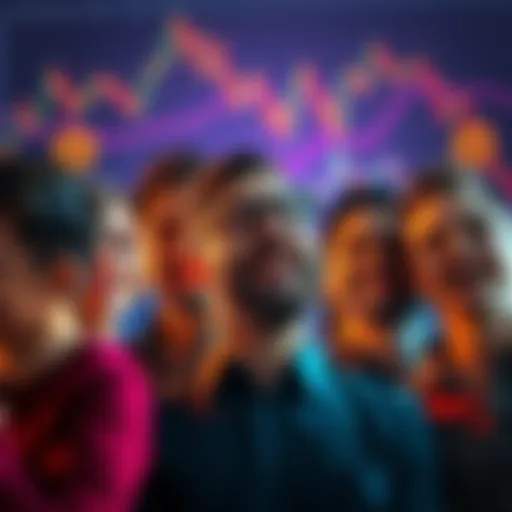 A group of investors expressing various emotions like anxiety and relief over a Bitcoin price drop, with charts in the background showing the decline.