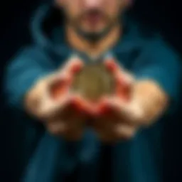 A person holds physical Bitcoin coins in their hands, showcasing commitment to cryptocurrency investment despite market challenges.