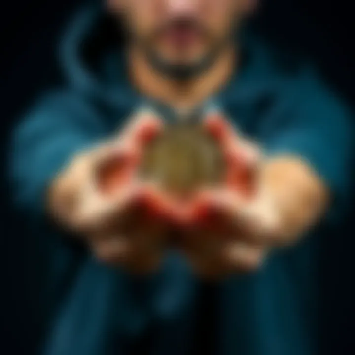 Bitcoin Enthusiast Holding Coins A person holds physical Bitcoin coins in their hands, showcasing commitment to cryptocurrency investment despite market challenges.