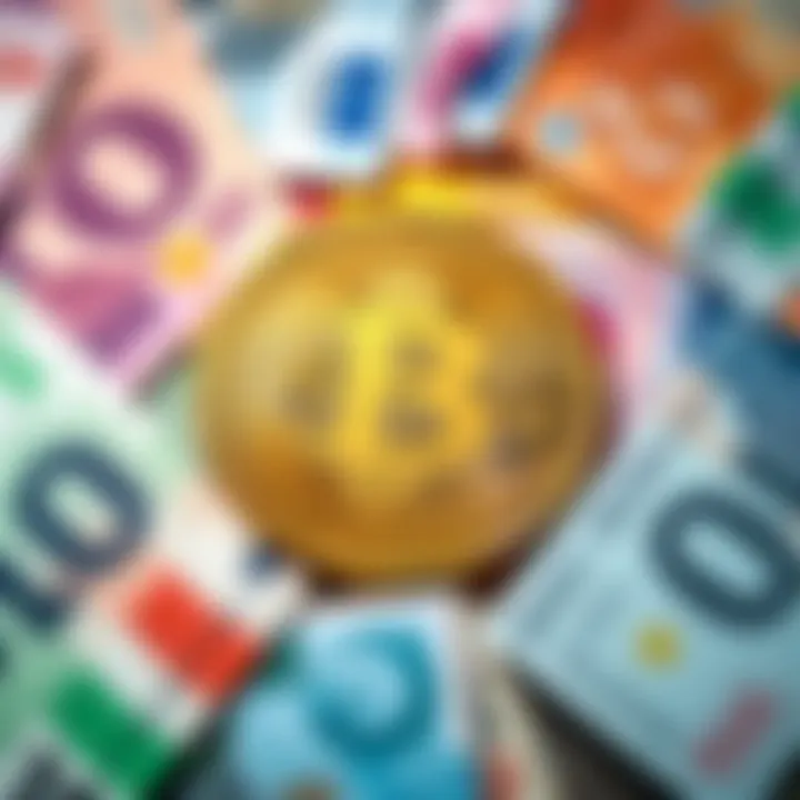 A Bitcoin symbol surrounded by various fiat currency notes, representing the concept of Bitcoin as future currency.