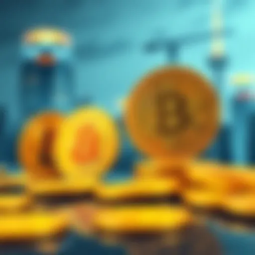 Golden Bitcoin coins in front of a modern city skyline, symbolizing the future of cryptocurrency