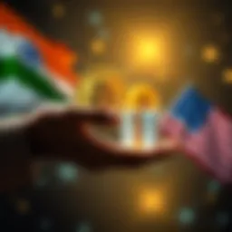 A person sending Bitcoin as a gift, symbolizing a $20,000 transfer from India to the USA, with images of the Bitcoin logo and flags of both countries in the background.
