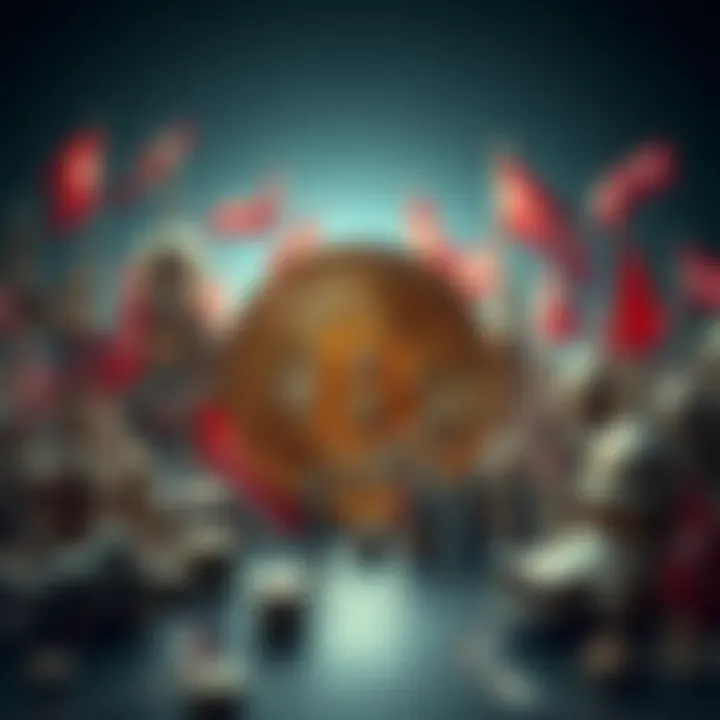 Bitcoin and government control A representation of Bitcoin surrounded by various government symbols, illustrating the tension between cryptocurrency decentralization and regulatory oversight.